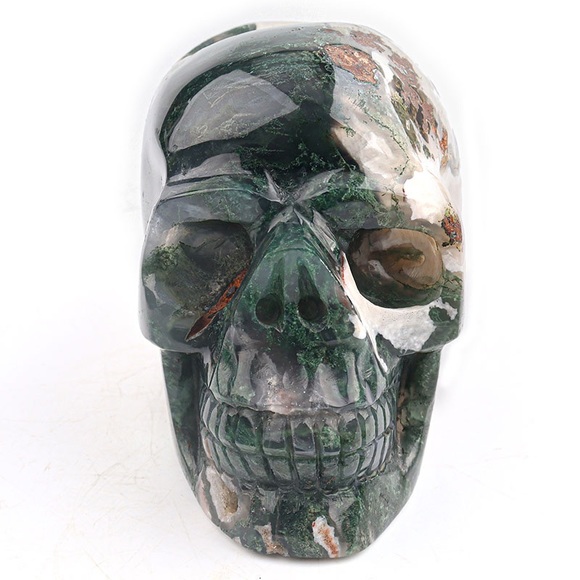 Moss Agate Druzy Geode Skull Carving - Picture 10 of 11
